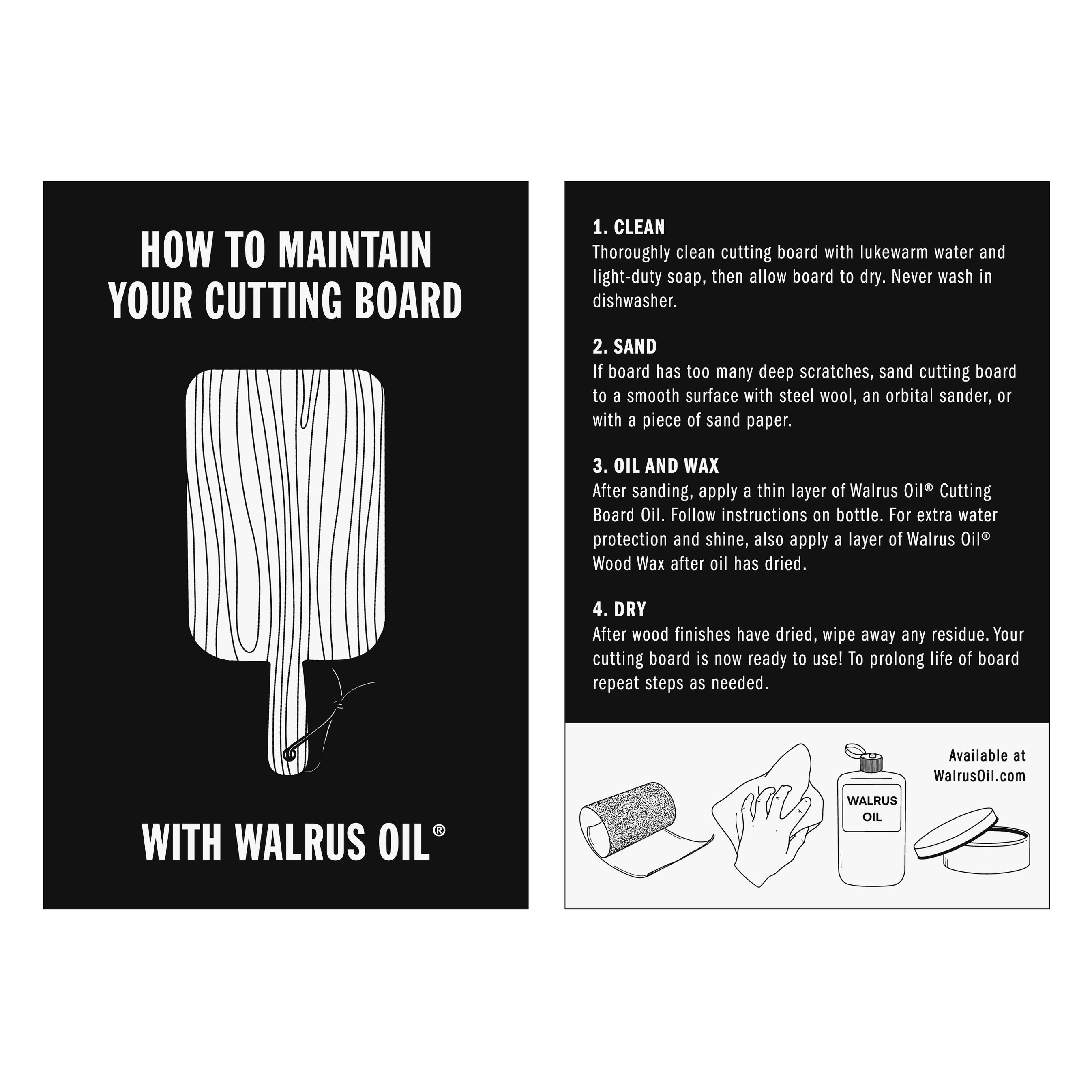 "How to Maintain Your Cutting Board" Info Cards– Walrus Oil
